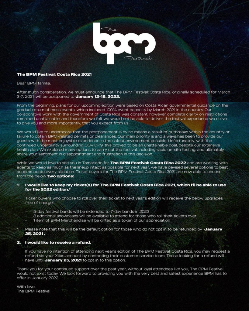 BPM Festival Costa Rica 2021 is postponed to 2022
